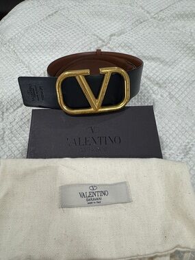 Valentino Garavani Black and Brown Leather Belt with Gold V Buckle